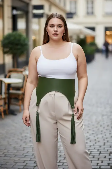 Büyük Beden Haki Kadın Kemer Korse Stil Püskül Detaylı - APFT788 - 1