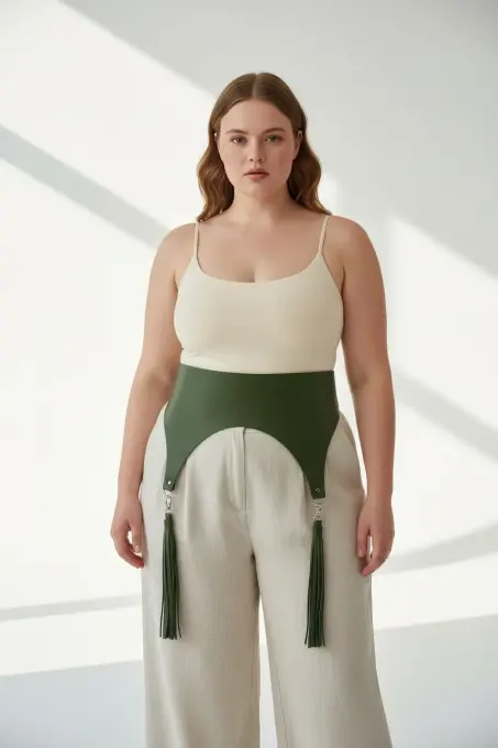 Büyük Beden Haki Kadın Kemer Korse Stil Püskül Detaylı - APFT788 - 2