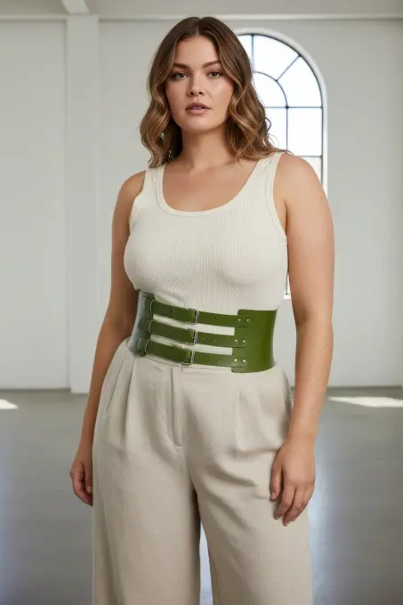 Büyük Beden Haki Kadın Kemer Korse Stil Üç Tokalı Geniş Deri - APFT624 - 2