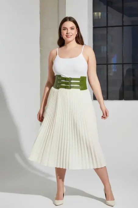 Büyük Beden Haki Kadın Kemer Korse Stil Üç Tokalı Geniş Deri - APFT624 - 3