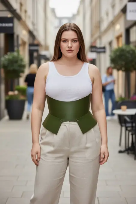 Büyük Beden Haki Kadın Kemer Korse Stili Kalın Deri Tasarım - APFT611 - 1