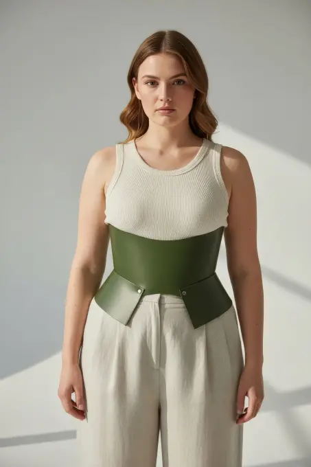 Büyük Beden Haki Kadın Kemer Korse Stili Kalın Deri Tasarım - APFT611 - 3