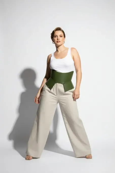 Büyük Beden Haki Kadın Kemer Korse Stili Kalın Deri Tasarım - APFT611 - 4