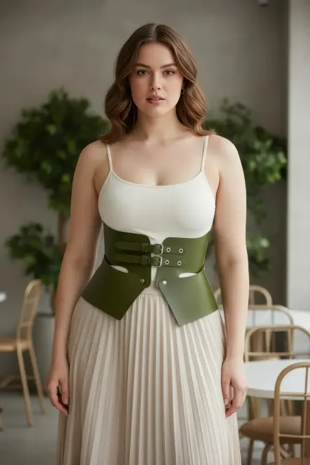 Büyük Beden Haki Kadın Kemer Korse Stili Kalın Deri Tasarım - APFT611 - 6