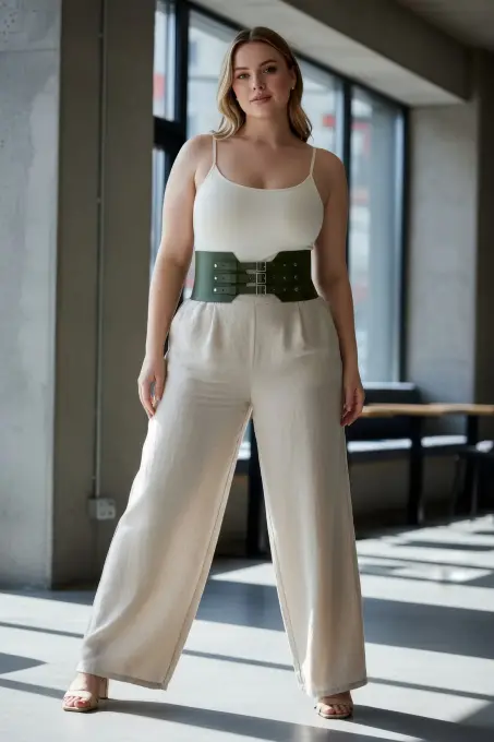 Büyük Beden Haki Kadın Kemer Korse Tarzı Üç Tokalı Bel Vurgulayan - APFT618 - 4