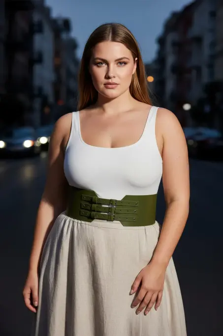 Büyük Beden Haki Kadın Kemer Korse Tarzı Üç Tokalı Bel Vurgulayan - APFT618 - 5