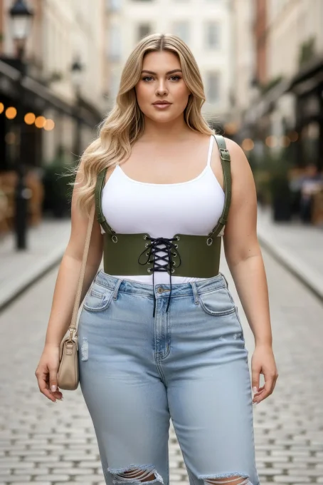 Büyük Beden Haki Kadın Kemer Omuz Askılı Bağlamalı Korse Stili - APFT1429 - Angels Passion (1)