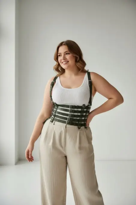 Büyük Beden Haki Kadın Kemer Omuz Askılı Deri Korse Stil Geniş Aksesuar - APFT630 - 1