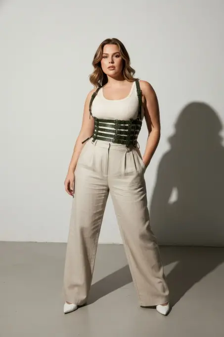 Büyük Beden Haki Kadın Kemer Omuz Askılı Deri Korse Stil Geniş Aksesuar - APFT630 - 3