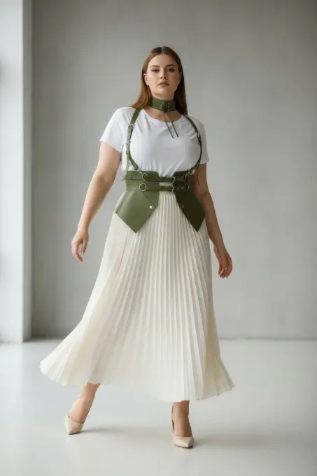 Büyük Beden Haki Kadın Kemer Omuz Askılı Deri Korse Tarzı - APFT622 - 7