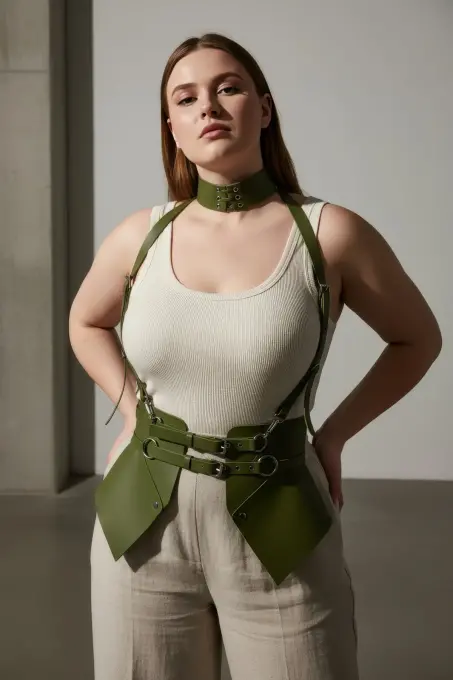Büyük Beden Haki Kadın Kemer Omuz Askılı Deri Korse Tarzı - APFT622 - 5