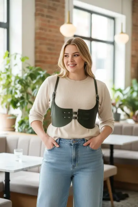 Büyük Beden Haki Kadın Kemer Omuz Askılı Korse Harness - APFT605 - 1