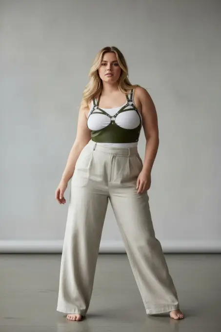 Büyük Beden Haki Kadın Kemer Perçin Detaylı Deri Harness Vücut Kuşağı - APFT872 - 2