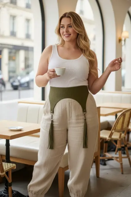 Büyük Beden Haki Kadın Kemer Püskül Detaylı Geniş Deri - APFT755 - 1