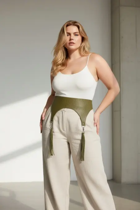 Büyük Beden Haki Kadın Kemer Püskül Detaylı Geniş Deri - APFT755 - 2