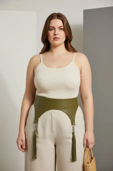 Büyük Beden Haki Kadın Kemer Püskül Detaylı Geniş Deri - APFT755 - 3