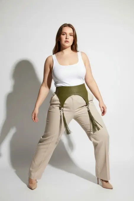 Büyük Beden Haki Kadın Kemer Püskül Detaylı Geniş Deri - APFT755 - 4