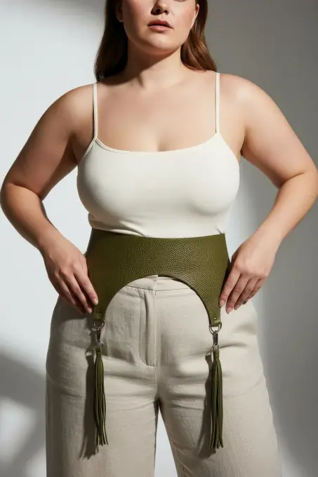 Büyük Beden Haki Kadın Kemer Püskül Detaylı Geniş Deri - APFT755 - 5