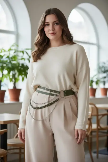 Büyük Beden Haki Kadın Kemer Zincir Detaylı Çoklu Kayışlı Deri Görünüm - APFT586 - 1