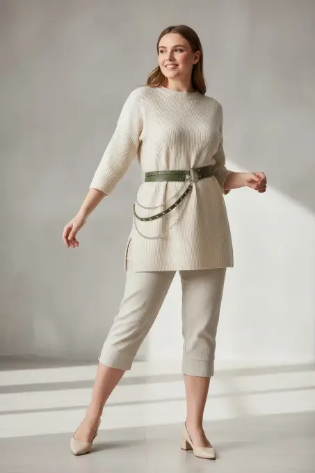 Büyük Beden Haki Kadın Kemer Zincir Detaylı Çoklu Kayışlı Deri Görünüm - APFT586 - 2