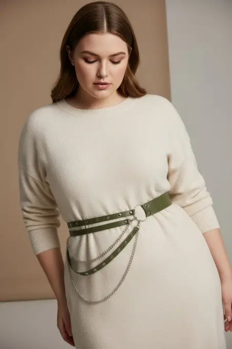 Büyük Beden Haki Kadın Kemer Zincir Detaylı Çoklu Kayışlı Deri Görünüm - APFT586 - 3