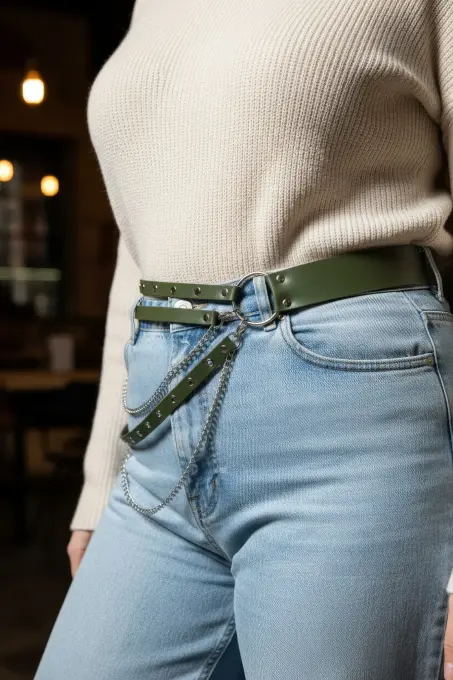 Büyük Beden Haki Kadın Kemer Zincir Detaylı Çoklu Kayışlı Deri Görünüm - APFT586 - 5