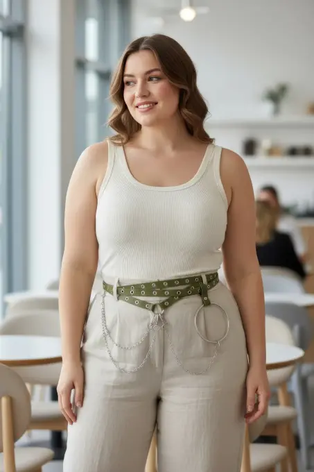 Büyük Beden Haki Kadın Kemer Zincir ve Halka Detaylı Trend Model - APFT621 - 1