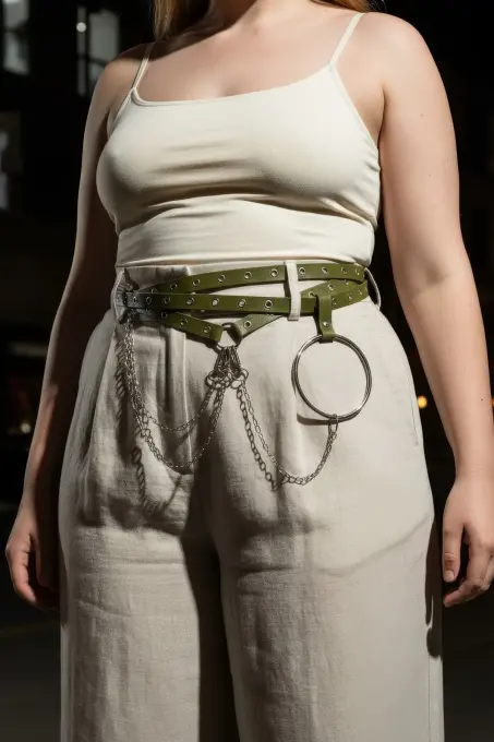 Büyük Beden Haki Kadın Kemer Zincir ve Halka Detaylı Trend Model - APFT621 - 5