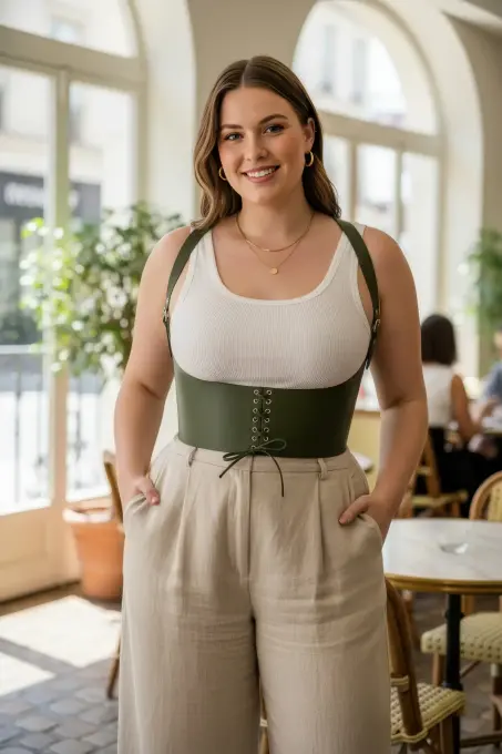 Büyük Beden Haki Kadın Korse Kemer Bağcıklı Detaylı Estetik Tasarım - APFT855 - 1