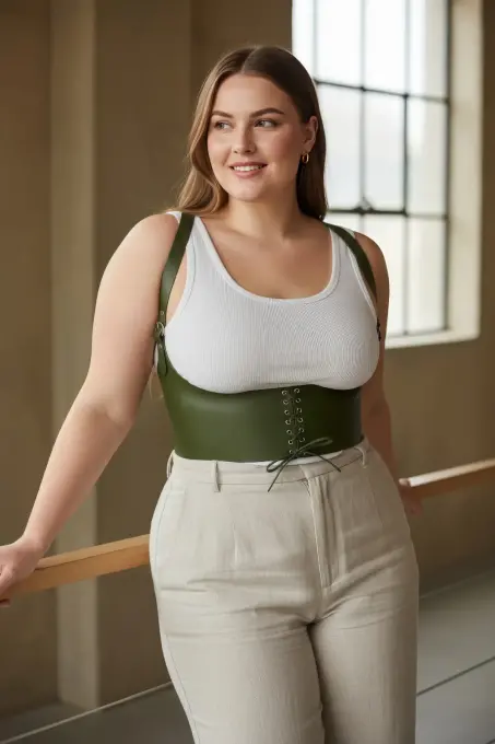 Büyük Beden Haki Kadın Korse Kemer Bağcıklı Detaylı Estetik Tasarım - APFT855 - 3