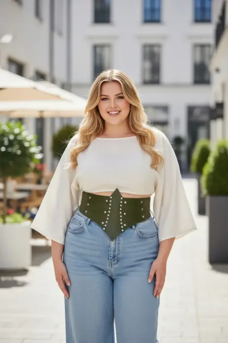 Büyük Beden Haki Kadın Korse Kemer, Zımba Detaylı Kalın Bel Aksesuarı - APFT905 - 1