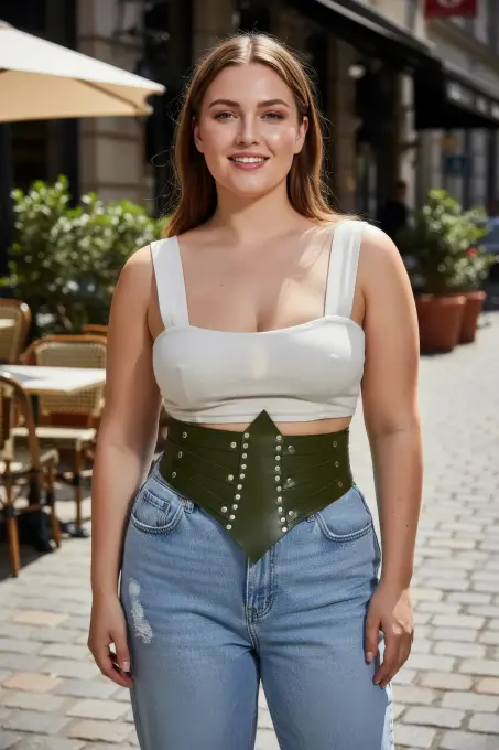 Büyük Beden Haki Kadın Korse Kemer, Zımba Detaylı Kalın Bel Aksesuarı - APFT905 - 5