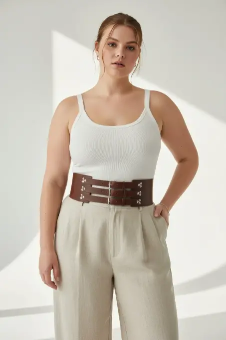 Büyük Beden Kahverengi Kadın Kemer Geniş Bel Korse Detaylı - APFT827 - 3