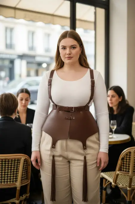 Büyük Beden Kahverengi Kadın Kemer Korse Stil Askılı Püskül Detaylı Deri - APFT787 - 1