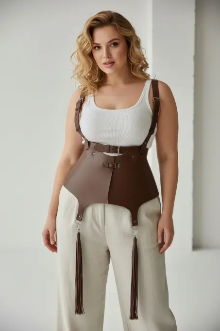 Büyük Beden Kahverengi Kadın Kemer Korse Stil Askılı Püskül Detaylı Deri - APFT787 - 5