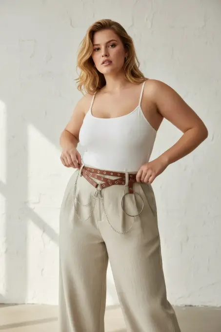 Büyük Beden Kahverengi Kadın Kemer Zincir Detaylı Halkalı Elbise Kombini - APFT621 - 6