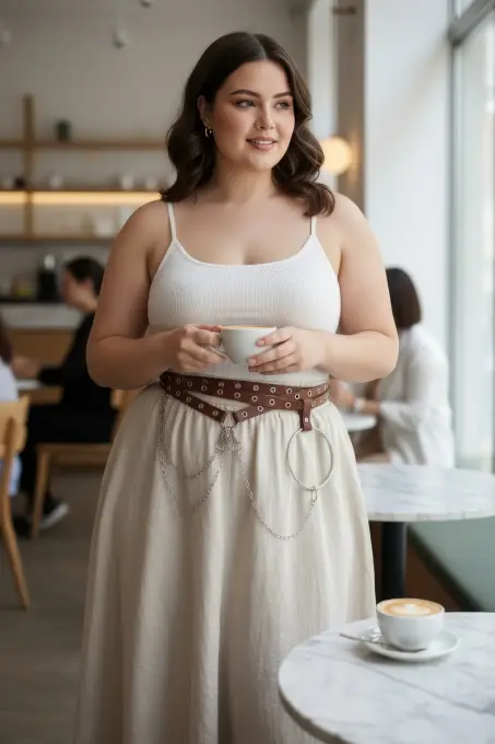 Büyük Beden Kahverengi Kadın Kemer Zincir Detaylı Halkalı Elbise Kombini - APFT621 - 1