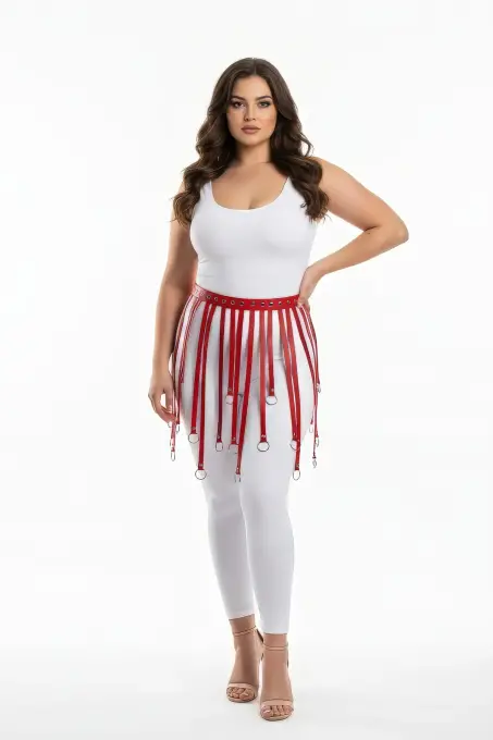 Büyük Beden Kırmızı Deri Etek Askılı Halka Detaylı Kemer - APFT579 - 2