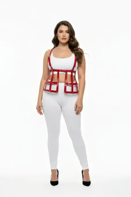 Büyük Beden Kırmızı Deri Etek Harness Detaylı Fantazi Vücut Aksesuarı - APFT983 - 1