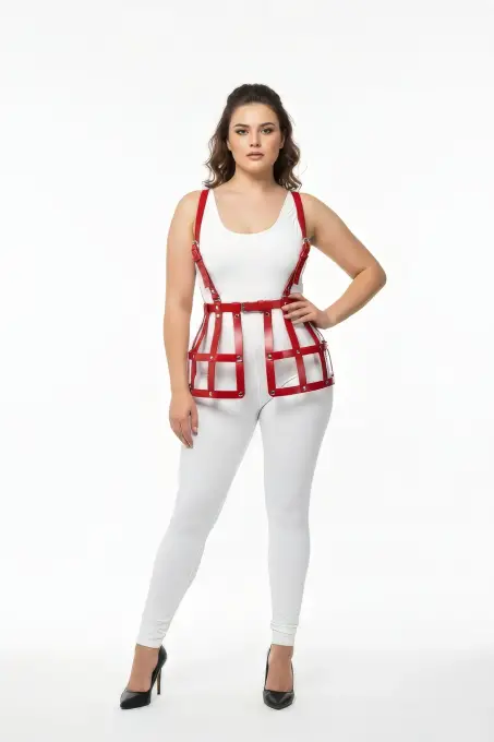 Büyük Beden Kırmızı Deri Etek Harness Detaylı Fantazi Vücut Aksesuarı - APFT983 - 2