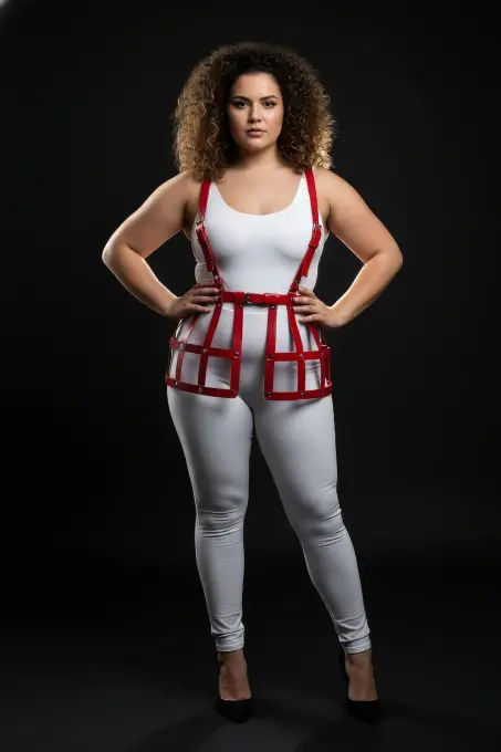 Büyük Beden Kırmızı Deri Etek Harness Detaylı Fantazi Vücut Aksesuarı - APFT983 - 3