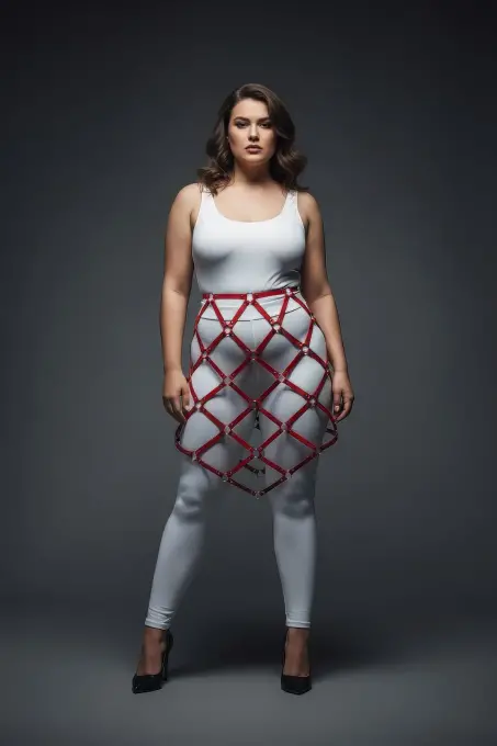 Büyük Beden Kırmızı Deri Etek Harness Kafes Örgü Tasarımlı Vücut Aksesuarı - APFT982 - 4