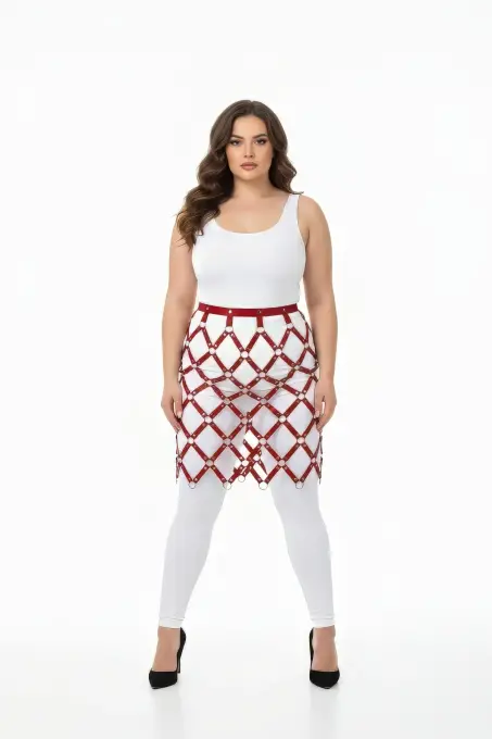 Büyük Beden Kırmızı Deri Etek Kafes Tasarımlı Fantazi Harness - APFT694 - 1