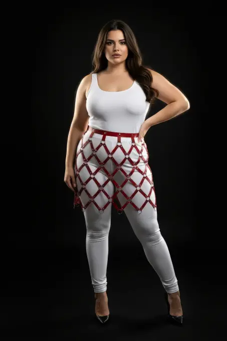 Büyük Beden Kırmızı Deri Etek Kafes Tasarımlı Fantazi Harness - APFT694 - 3