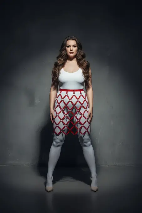 Büyük Beden Kırmızı Deri Etek Kafes Tasarımlı Fantazi Harness - APFT694 - 4