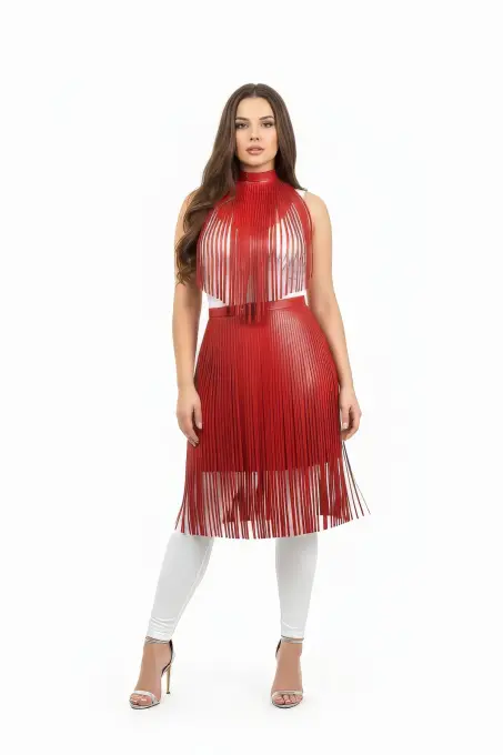 Büyük Beden Kırmızı Deri Etek Yüksek Bel Püskül Detaylı - APFT997 - 2