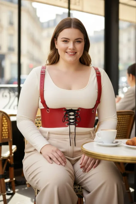 Büyük Beden Kırmızı Kadın Deri Askılı Korse Kemer Bağcıklı Model - APFT1429 - 5