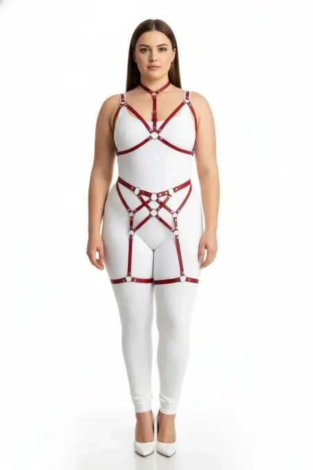 Büyük Beden Kırmızı Kadın Deri Fantazi Harness Takım Jartiyerli - APFT507 - 2