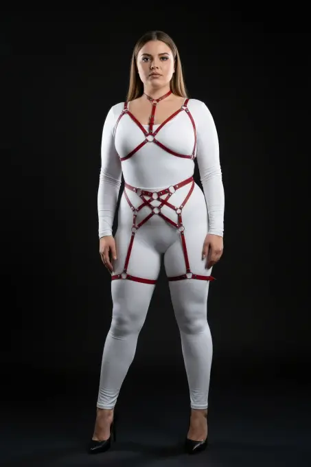 Büyük Beden Kırmızı Kadın Deri Fantazi Harness Takım Jartiyerli - APFT507 - 3