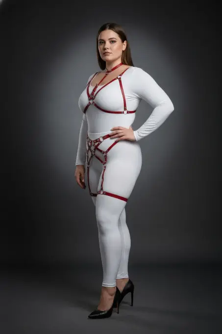 Büyük Beden Kırmızı Kadın Deri Fantazi Harness Takım Jartiyerli - APFT507 - 4